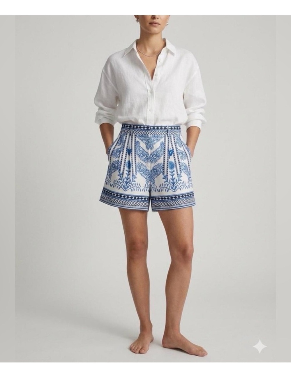 A Loves A Blue & White Floral Size 8 Linen/Cotton Blend High Rise Shorts Lined